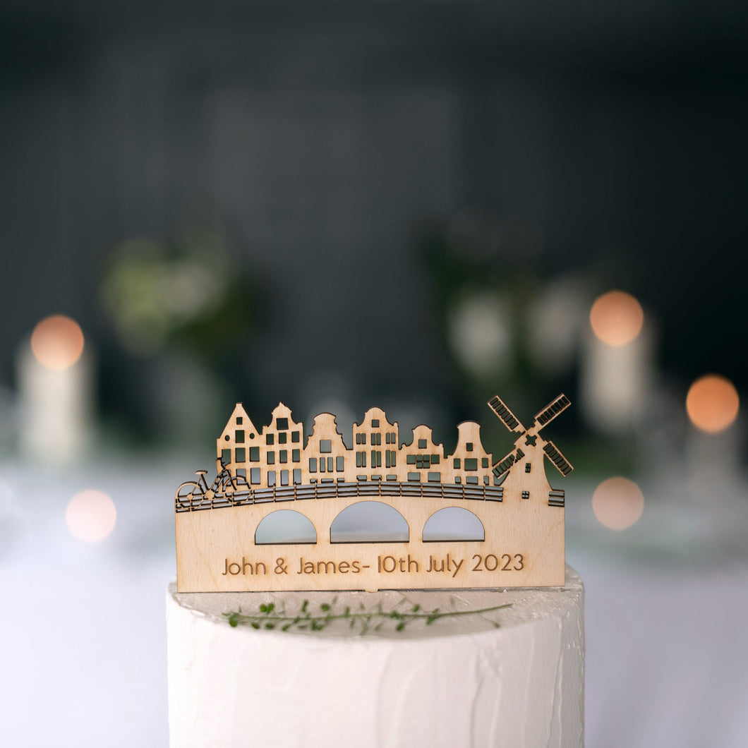 Amsterdam Skyline Wooden Wedding Cake Topper