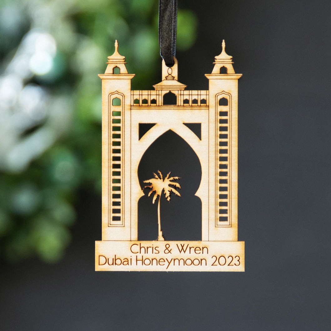 Personalised Dubai Palm Hotel Wooden Christmas Tree Decoration
